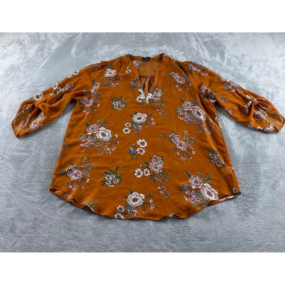 Zenobia Womens 1XL Floral Blouse Burnt Orange Roll Tab 3/4 Sleeve V-Neck Tunic